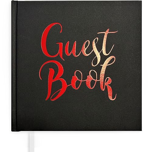 Plantvibes ® Libro de visitas noble negro y rojo, 72 páginas, tapa dura libro de invitados vintage para bodas, bautizos o cumpleaños, libro de invitados de boda