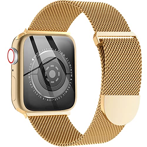 WAAILU Mesh Metal Band Stainless Steel Magnetic Compatible with Apple Watch Bands 38mm 40mm 41mm 42mm 44mm 45mm,Milanese Sport Clasp Loop Women Men Compatible for iWatch Series 7/SE/6/5/4/3/2/1-Gold