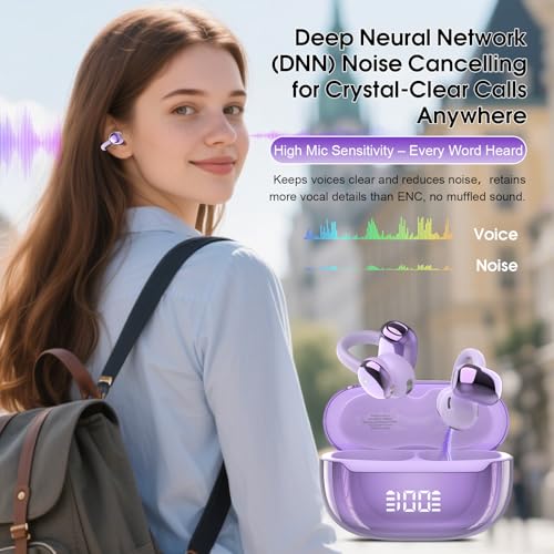 Image of Open Ear Earbuds Wireless Clip on Headphones Bluetooth 5.4 Ear Buds with DNN Noise Cancelling, 48H Playtime, Low Latency, Fashion Design, Secure Fit, Clear Sound for Music & Calls (Purple)