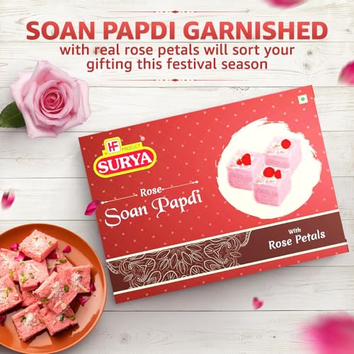 Image of HF, Surya Rose Petals Soan Papdi- 400g | No Added Preservatives or Colours | Nutritious Delicious Soft Flaky High Protien Mithai with Almonds Pistachios