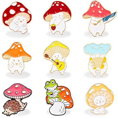 Chuangdi 9 Pieces Mushroom Pin Brooches Mushroom Brooches Cute Cartoon Gift Alloy Brooch Guitar Cat Frog Hedgehog Cartoon Plant Pin Welcome Christmas Gift for Backpack Clothes Hat