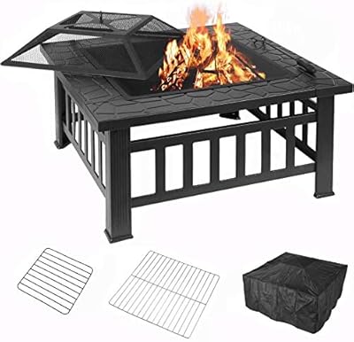 femor 32'' Fire Pit Table Outdoor, Multifunctional Patio Backyard Garden Fireplace Heater/BBQ/Ice Pit, Square Stove with Barbecue Grill Shelf and Waterproof Cover