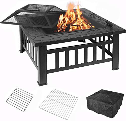 femor 32'' Fire Pit Table Outdoor, Multifunctional Patio Backyard Garden Fireplace Heater/BBQ/Ice Pit, Square Stove with Barbecue Grill Shelf and Waterproof Cover