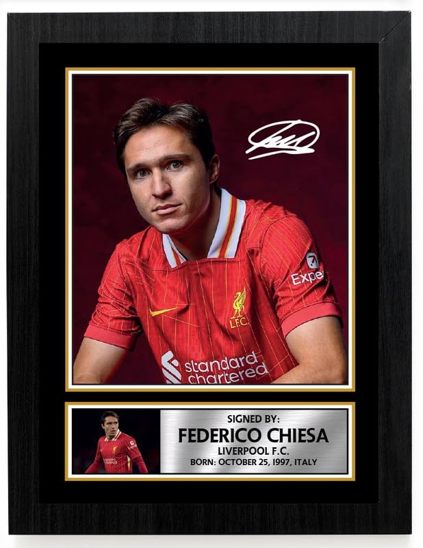 FoxyPrinting Federico Chiesa Liverpool F.C. Poster Print – Signed Autograph Style Football Wall Art – Framed or Unframed – Gift for Fans, A4 Poster + Black Frame