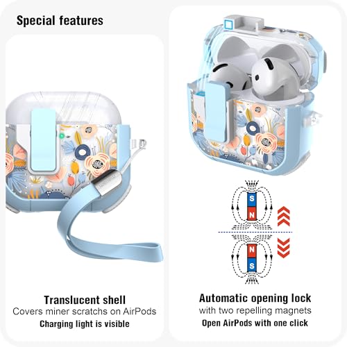 Image of WENEW Case for AirPods 4th Case Cover Secure Lock Automatic Snap Switch Clip Cleaner Kit Lanyard Women Stylish Flower Armour Hard Shell Full Body Front LED Visible (Blue, AirPods 4)