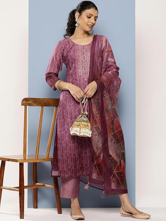 Image of Libas Gerua Embroidered Silk Blend Straight Kurta With Trousers and Dupatta