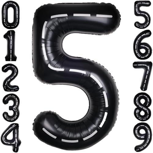 Image of Race Car 40 Inch Black 5 Big Large Helium Balloon Number 0-9 | Track Giant Digital 5th Foil Mylar Party Balloons for Men Birthday Car Theme Party Anniversary Graduation Decorations