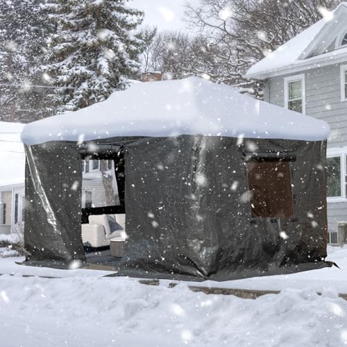 SHPAI 10x12FT Outdoor Gazebo Cover for Hardtop Gazebo Universal Winter Gazebos Cover with Sidewalls and Mesh Windows All-Season Used -Grey (Gazebos Not Included)