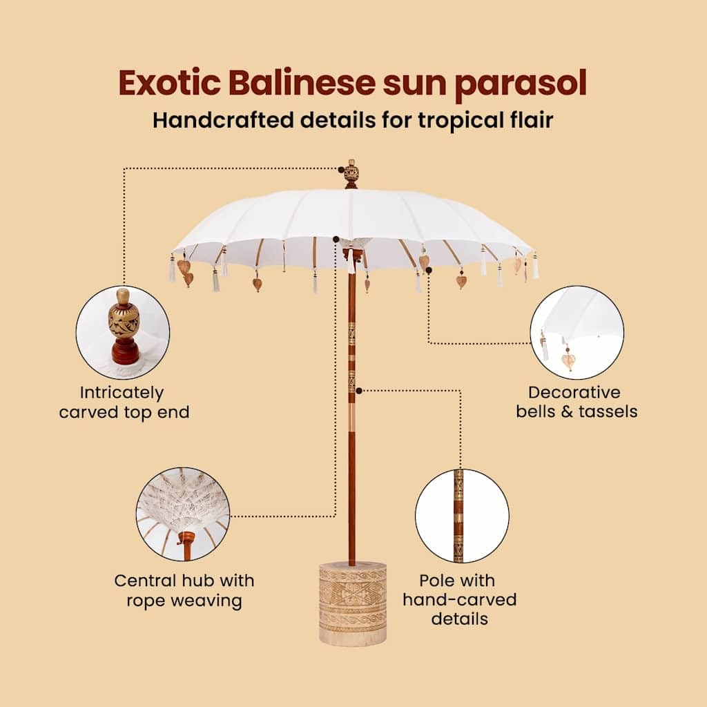 vidaXL Baliński Parasol z Bazą Kremowy 185 x 185 x 260 cm, Ogród i taras, okrągły parasol balijski, cień na zewnątrz, ręcznie robiona osłona, bambusowa nóżka