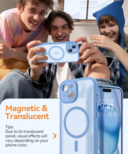 Image of CANSHN Magnetic for iPhone 15 Case, Upgraded [Full Camera Protection] [Compatible with Magsafe] [Translucent Matte] Shockproof Protective Phone Case for iPhone 15 6.1 inch - Light Blue