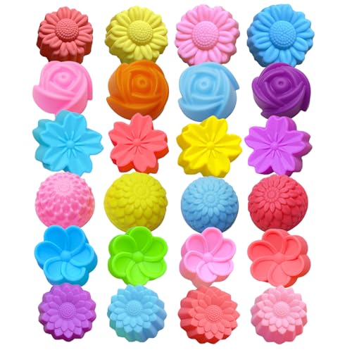 Honicemar 24 Moldes de Silicona Magdalenas Reutilizables, Antiadherentes Y Fáciles De Limpiar, Para Muffins Cupcakes Chocolate Gelatina Pudín Y Jabón, 6 Formas Florales, Multicolor