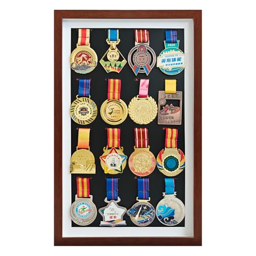 Image of Marathon Medal Display Shadow Box Holds 16 Medals | Walnut, 21.6x13.4x1.2 in, Solid Wood Frame, Wall Mount, Installs in 3 minutes, Medal Shadow Box Display Case for All Sports