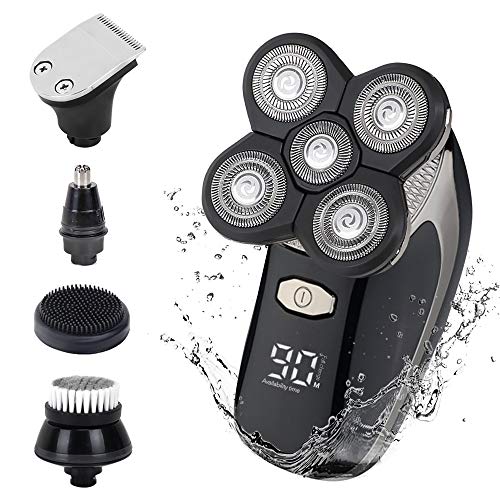 FUNFLOWERS 5-in-1 Electric Razor for Men Bald Head Shaver, 1 Hour Quick-Charge Waterproof, LED Electric Shaver Wet & Dry, Grooming Kit with Nose Trimmer, Face Cleansing Brush & Facial Massager