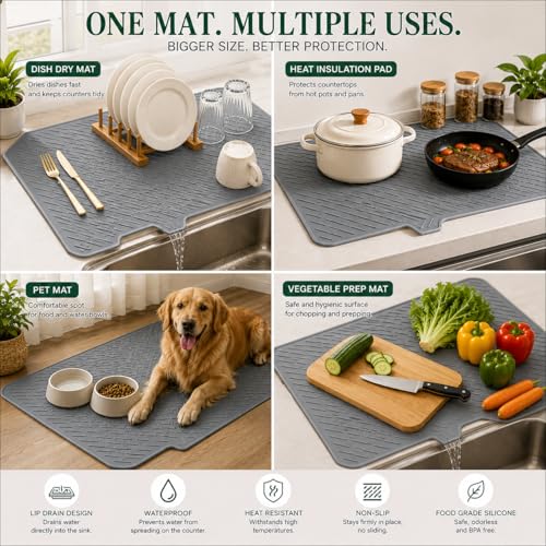Image of Silicone Dish Drying Mat for Kitchen Counter - 23x17 Inch, Heat Resistant, Non-Slip, Built-in Drain Lip, Protects Countertop, Prevents Water Build up, Quick Dry, Easy to Clean Dish Drainer Mat