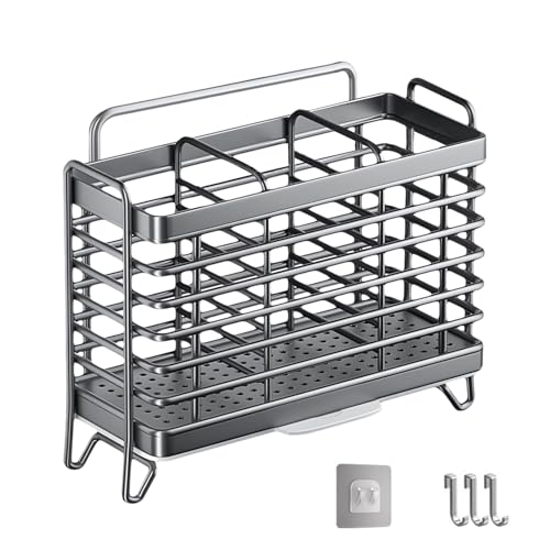 Jadin Küchenutensilienhalter, Besteckkorb, Kochlöffelhalter, Besteckabtropfkorb aus Edelstahl, 3 Partitionen zur Aufbewahrung, Montage ohne Bohren,...
