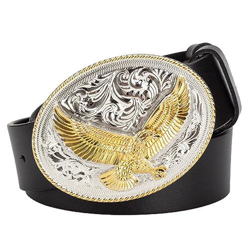 Men's Cowboy Western Gold Eagle Belts for Men, Leather Belt with 3D Soaring Eagle Animal Pattern Buckle