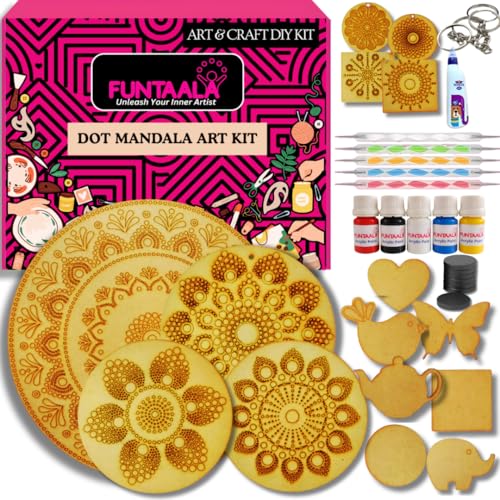 Image of Funtaala Dot Mandala DIY Art Kit for Kids & Adults | Engraved MDF Wall Decor, Coasters, Magnets & Keychains | Relaxing Paint & Craft Kit | Creative Gift
