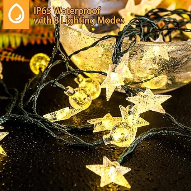 Solar String Lights Outside with 50LED Fairy Stars and Crystal Globes, Solar Twinkle Star Lights String, 32Ft Solar Globe Lights for Home Garden Party Halloween Thanksgiving Christmas Decor