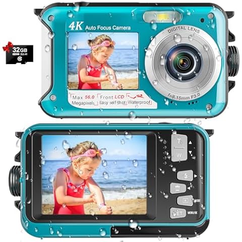 YISENCE 4K Digital Camera 11FT Underwater Camera with 32GB Card 56MP Autofocus Dual-Screen Selfie Waterproof Camera for Snorkeling Compact Floatable Point and Shoot Digital Camera 1250mAh Battery Cover