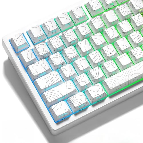 dagaladoo White Topographic keycaps Double Shot PBT keycaps Shine Through Keyboard Keys Side Printed Key caps Cherry Profile Custom keycap Set for100%, 75%, 65%, 60% US Layout Mechanical Keyboard
