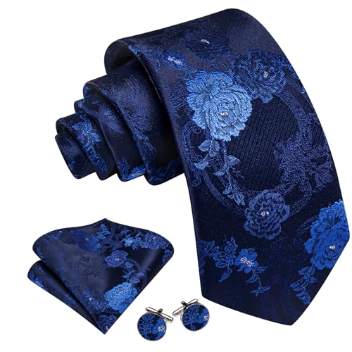 Image of Barry.Wang Flower Ties for Men Silk Woven Floral Tie Sets Necktie Handkerchief Cufflinks Wedding Party