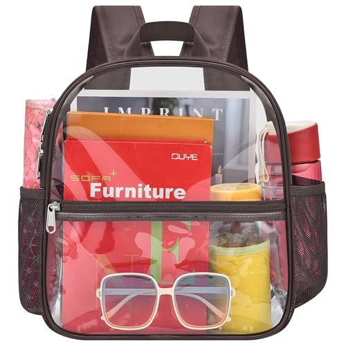 Image of Busiuw Clear Backpack for Stadium Events 12x12x6 Mini Small Sports Fan Backpacks with Front Pocket for Concert Sport Events Work Travel(Chocolate)