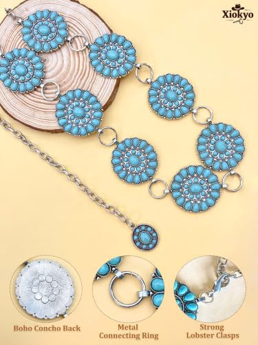 Image of Turquoise Chain Belt for Women, Western Cowgirl Concho Belt | Turquoise Concho Accents with Silver Chains for Western, Cowgirl, Rodeo, Festival and Denim Looks