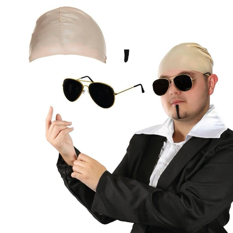 Adults Mr Worldwide Accessory Set - Nude Latex Bald Cap Black Sunglasses Black Soul Patch - Mens Ladies Music Icon Famous Celebrity Fancy Dress Costume Accessory Set