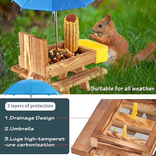 MIXXIDEA Wooden Squirrel Feeder Table with Water Bowl, Squirrel Picnic Table for Outside with Umbrella, Brown Squirrel Feeder with Corn Cob Holder Cute Chipmunk Feeder (Blue)