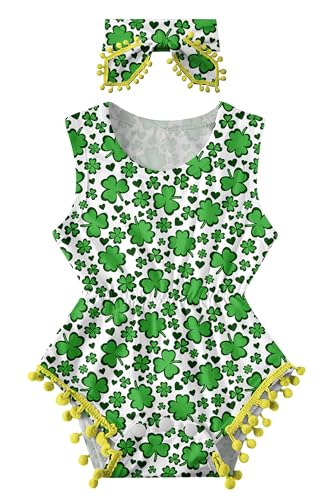 Image of UNICOMIDEA St. Patrick's Day Girl Summer Clothes 0-3 Months Jumpsuit Cute Green Leaf Newborn Outfits with Headband Sleeveless Baby Romper Size 3M
