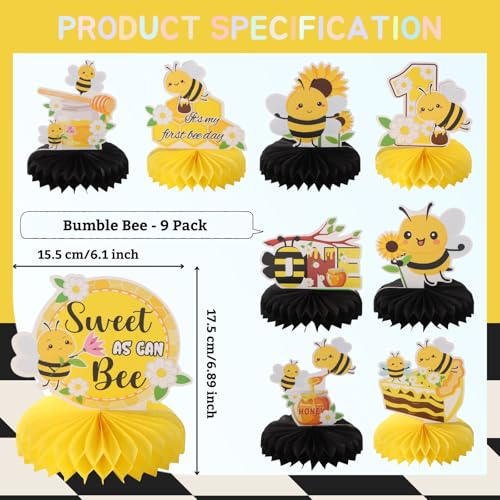 Image of 9pcs Happy 1st Bee Day Honeycomb Centerpieces Bumble Bee First Birthday Party Table Decorations It's My 1st Bee Day Table Centerpieces for Boy Baby Shower Sweet as can Bee Table Topper Sign Decors
