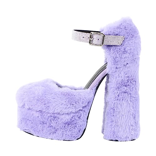 Women's Furry Platform Heels Faux Fur Chunky High Heel Mary Jane Pumps Shoes