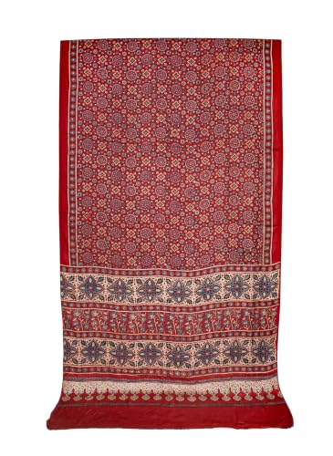 Image of Ethnics of Kutch Womenss Ajrakh Modal Silk Natural Dye Hand Block Print Saree with Blouse Piece - 5.5 Mtr Length