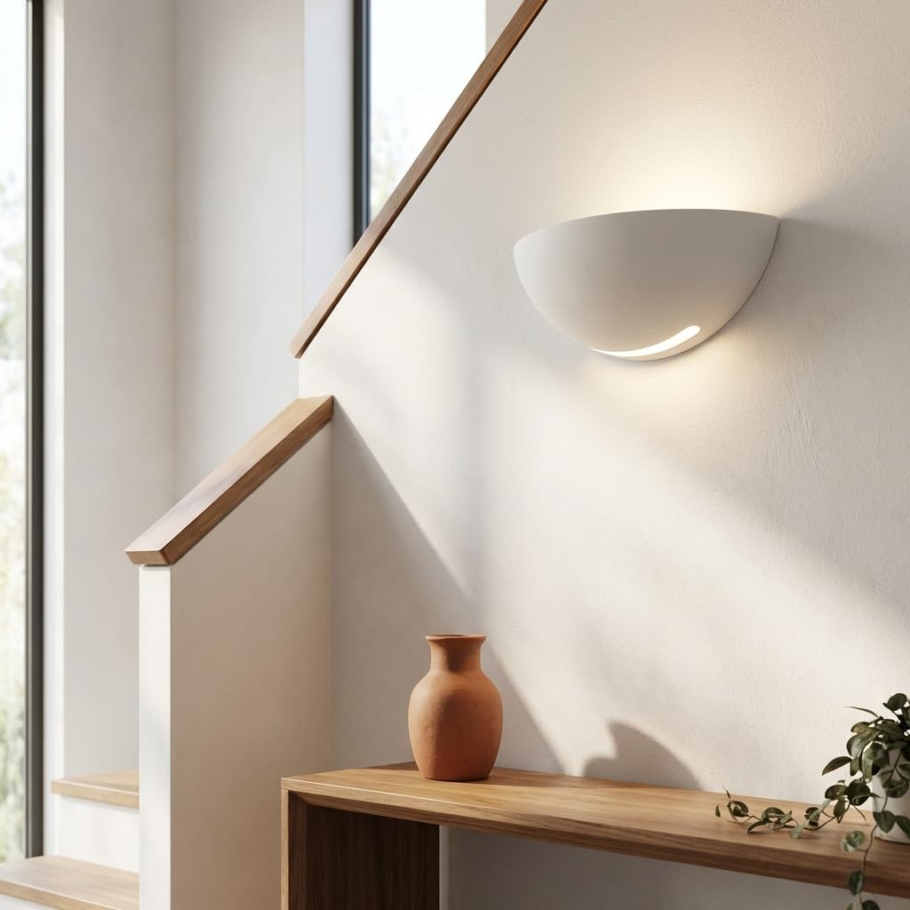 MAKA Applique Lampada da Parete in Gesso Luna Bianca, doppia luce attacco r7S max 50W(lampadina non inclusa),verniciabile per interni ideale per scale, soggiorno, cucina, ingresso