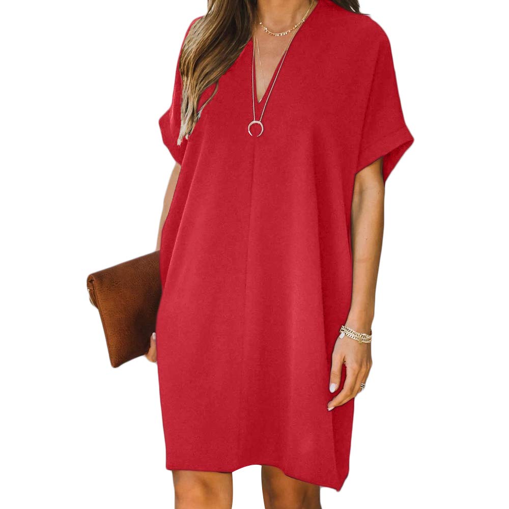 Morbuy Morbuy Mujer Vestidos Cuello V, Verano Manga Corta Casual Elegante Mini Vestido para Fiesta Cóctel Playa Vacaciones Talla Grande (Rojo,XL)