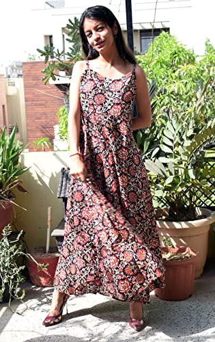 Image of JAIPUR HAND BLOCK Cotton Sleeveless Long Flared A Line Dress|Gown (S00063)
