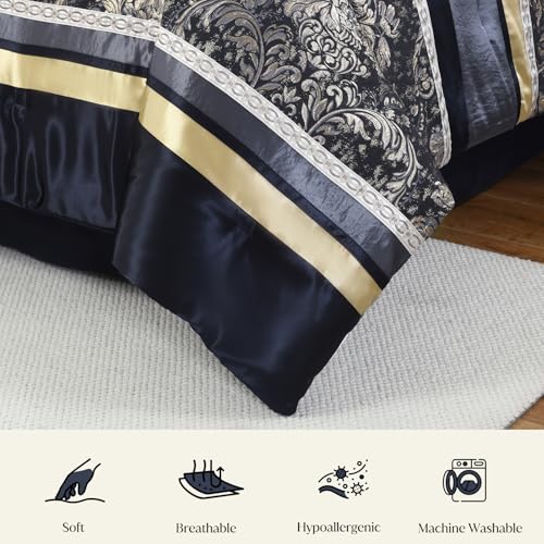 Image of CozyDH 7-Piece Navy Blue Comforter Set King - Luxury Jacquard Damask Vintage Floral Gold Striped Bed in a Bag, All Season Down Alternative Bedding with Bed Skirt, Shams, Decorative Pillows, 104x90 in