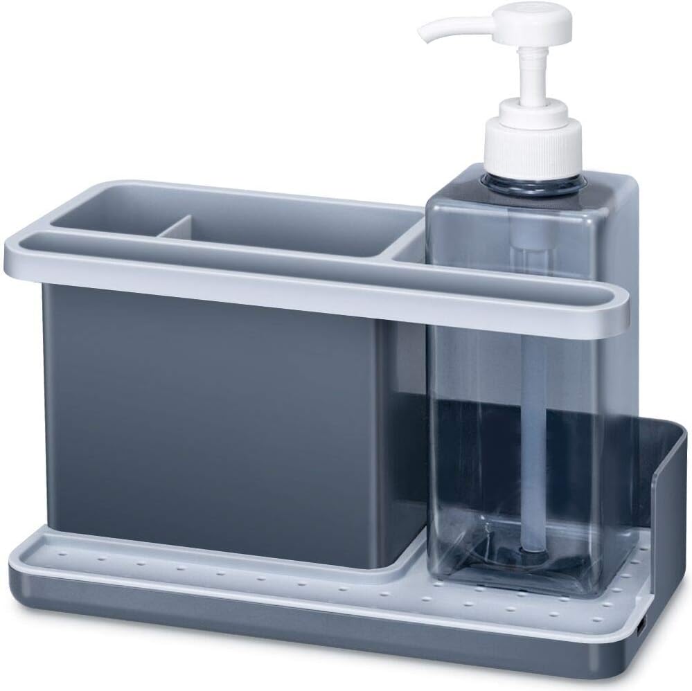 Nieifi Kitchen Sink Caddy Organiser with an Elegant Hand and Dish Soap Dispenser(A Premium Spare Pump Included), Sponger Brush Holder Plastic Grey