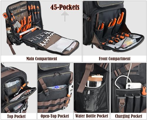 Image of WELKINLAND Waxed-Canvas Tool Backpack - Heavy-Duty Electrician Backpack with HVAC & Technician Tool Bag Storage