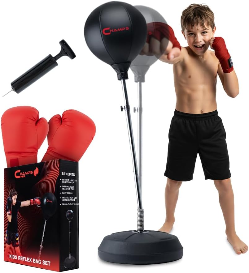 Champs MMA Punching Bag for Kids with Stand | Freestanding Reflex Bag Dummy | Adjustable Height Punch Bag Stand with Gloves – Exercise Equipment for Agility, Hand-Eye Coordination Workout Kit