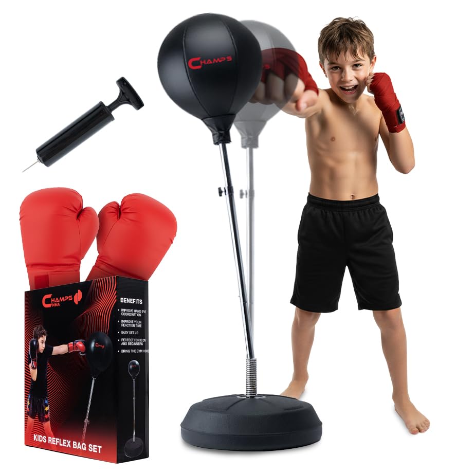 Champs MMA Punching Bag for Kids with Stand | Freestanding Reflex Bag Dummy | Adjustable Height Punch Bag Stand with Gloves – Exercise Equipment for Agility, Hand-Eye Coordination Workout Kit