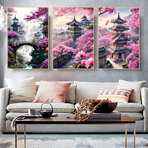 IUNTWEIE Póster de paisaje japonés, templo japonés en otoño negro/blanco, impresión artística de pared, decoración de pared, salón, sin marco (C, 40 x 60 cm x 3)