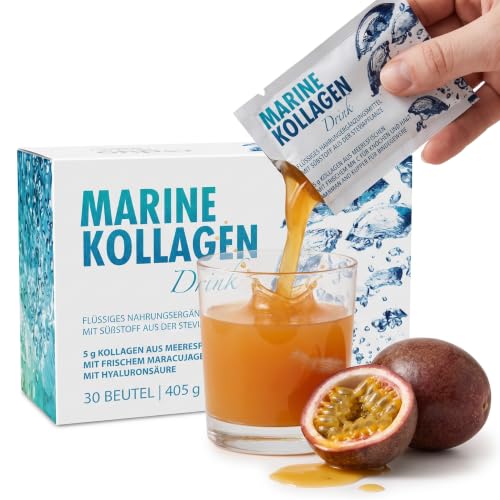 Marine Kollagen Drink 30 Tage (30 Sachets) - 5 g Hydrolysiertes Meereskollagen Typ I II & III - Mit Vitamin C & Zink - Für Haut Haare & Nägel - Maracuja Geschmack