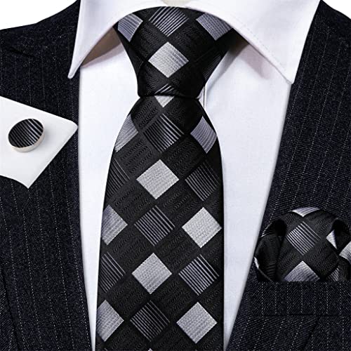 Corbata de Seda Negra y Blanca a Cuadros con Juego de Gemelos miniatura 3