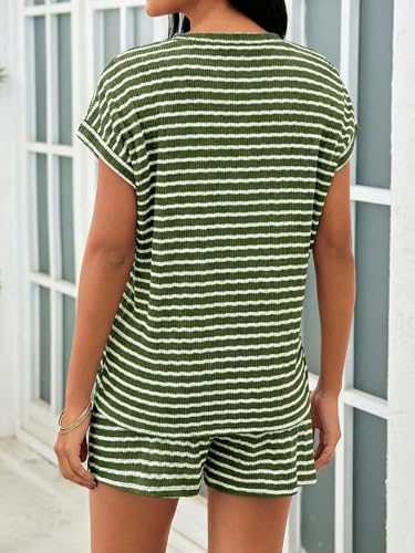 Image of Tankaneo Womens Striped Summer 2 Piece Short Sets Short Sleeve T Shirts Drawstring Shorts Casual Outfits Lounge Pajama Sets