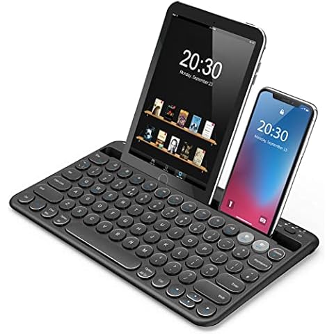 Seenda Bluetooth Keyboard with Tablet/Mobile Phone Holder, Compact Small Bluetooth Keyboard, Multi Device Rechargeable Keyboard Compatible with ipad iphone Android Tablet windows PC Laptop, Black Cover