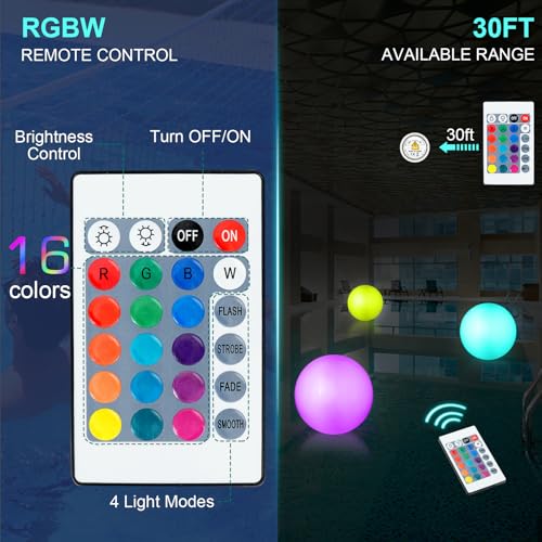 Pool Toys, LED Beach Ball, Glow in Dark Party Supplies, 4 Pack Inflatable Light up Ballon 12\'\' Floating Pool Light with Remote 16 Color 4 Mode (4 Pcak)