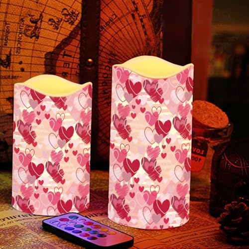 Image of Pink Heart Theme Plastic Flameless Candles with Remote Control and Timer LED Flickering Battery Electric Pillar Candles for Table Valentine's Day Decoration
