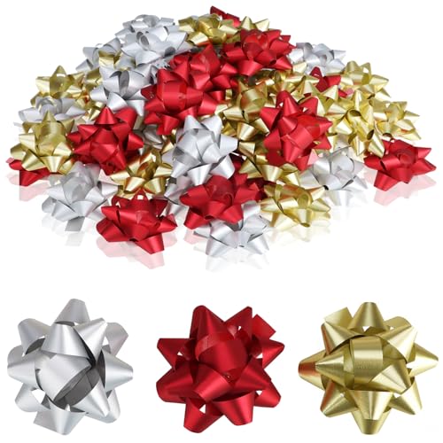 Wilhelm Sell® 60x Lazos de Regalo autoadhesivos   5 x 2 cm Lazos de Colores para Regalos   Lazos Decorativos listos para Usar para Navidad, cumpleaños y Bodas (Rojo/Oro/Plata)