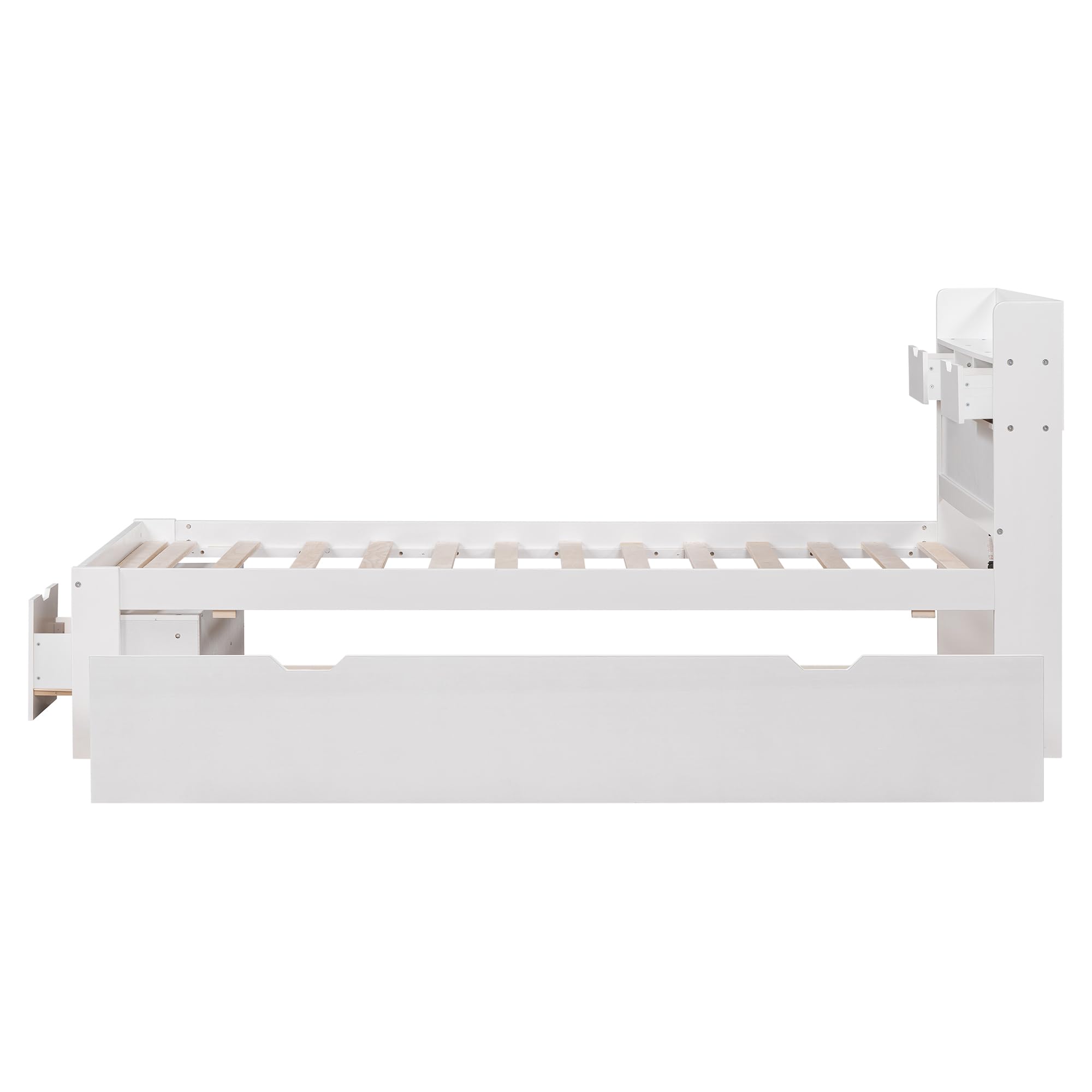 Holzbett Einzelbett 90x200cm mit Schubladen, USB & Stauraum Kopfteil, Massivholz Bettgestell mit Lattenrost, Stauraumbetten, Jugendbett, Kinderbett, ohne Matratze (weiß, 90x200)